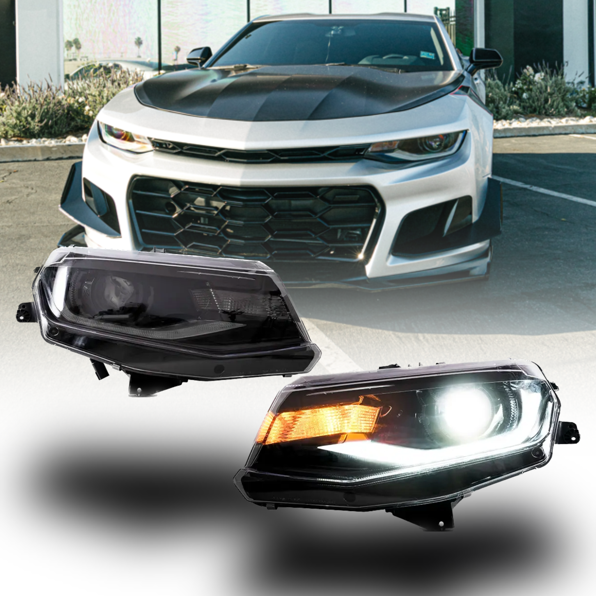 2016-2018 Chevy Camaro OEM Replica Headlights – Amber Sequential LED, Built-in Low/High Beams - Legends Auto Parts