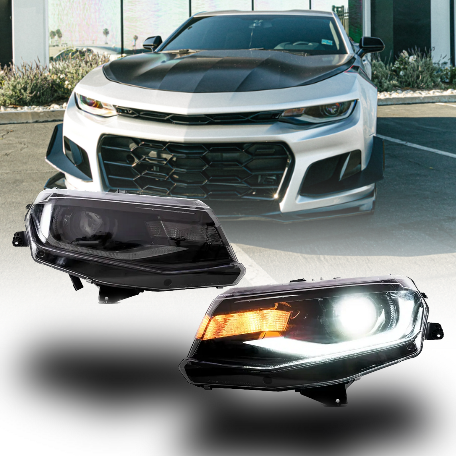 2016-2018 Chevy Camaro OEM Replica Headlights – Amber Sequential LED, Built-in Low/High Beams - Legends Auto Parts