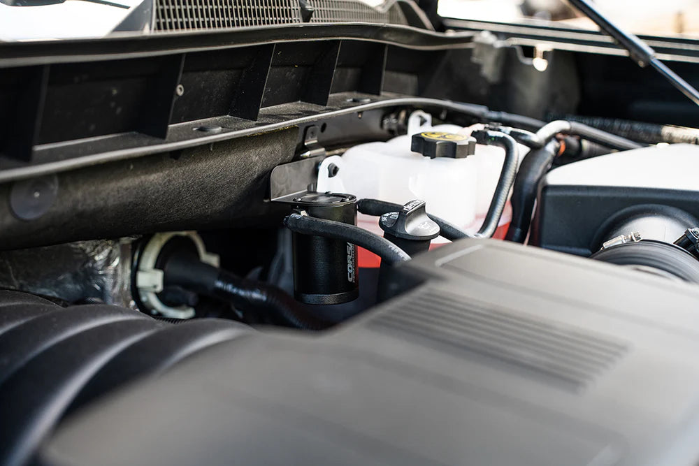 Corsa Performance - Aluminum Oil Catch Can w/ Bracket | 2019-25 Silverado, Sierra, 2021-25 GM SUV 6.2 & 5.3 - Legends Auto Parts