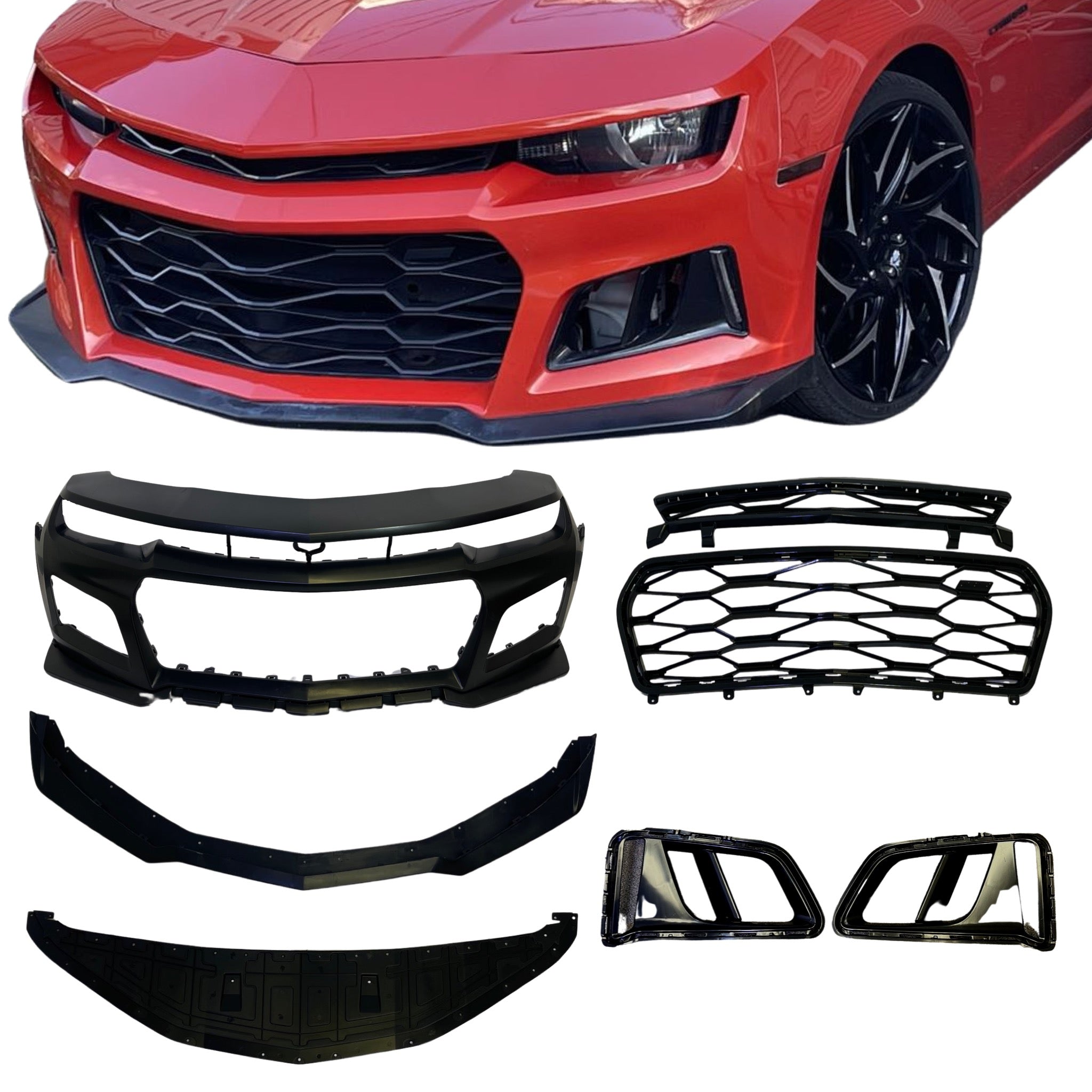 2010-2015 Chevy Camaro ZL1 Front Bumper Conversion 7pcs Full Kit Flat BLK Body Kit - Legends Auto Parts