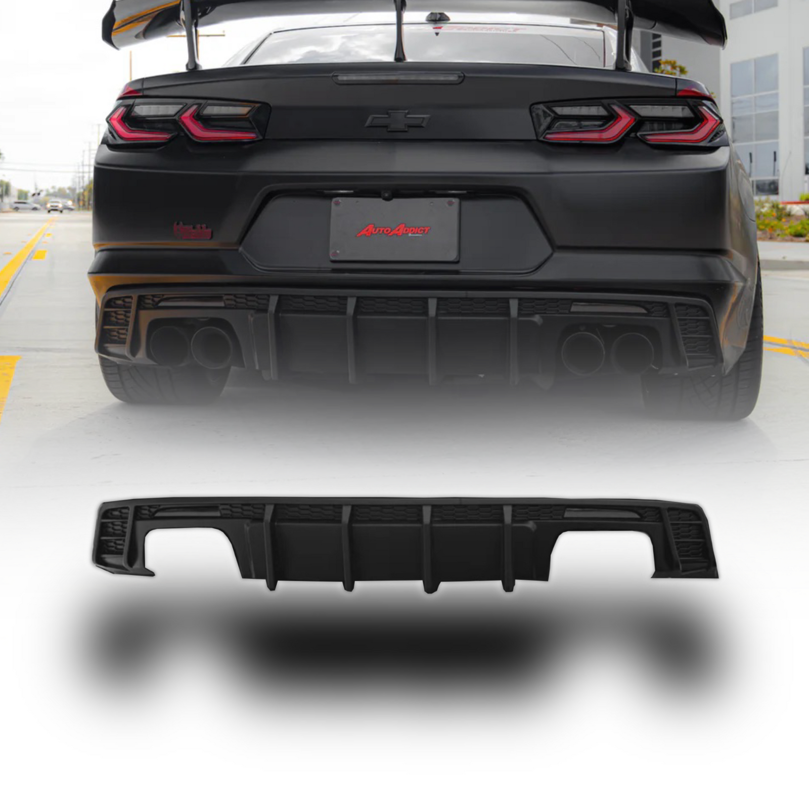 2016-2025 Chevy Camaro Evo Style Shark Fins Rear Diffuser Quad/Single Tips SS/RS/LT & ZL1 w/ Smoke Reflectors - Legends Auto Parts