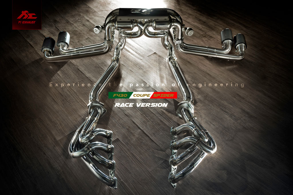 Ferrari F430 Coupe / Spider catback exhaust system with valvetronic technology for enhanced performance and sound. High-quality stainless steel construction for durability and style. Upgrade your  Ferrari F430 Coupe / Spider with our aftermarket catback exhaust for a thrilling driving experience.