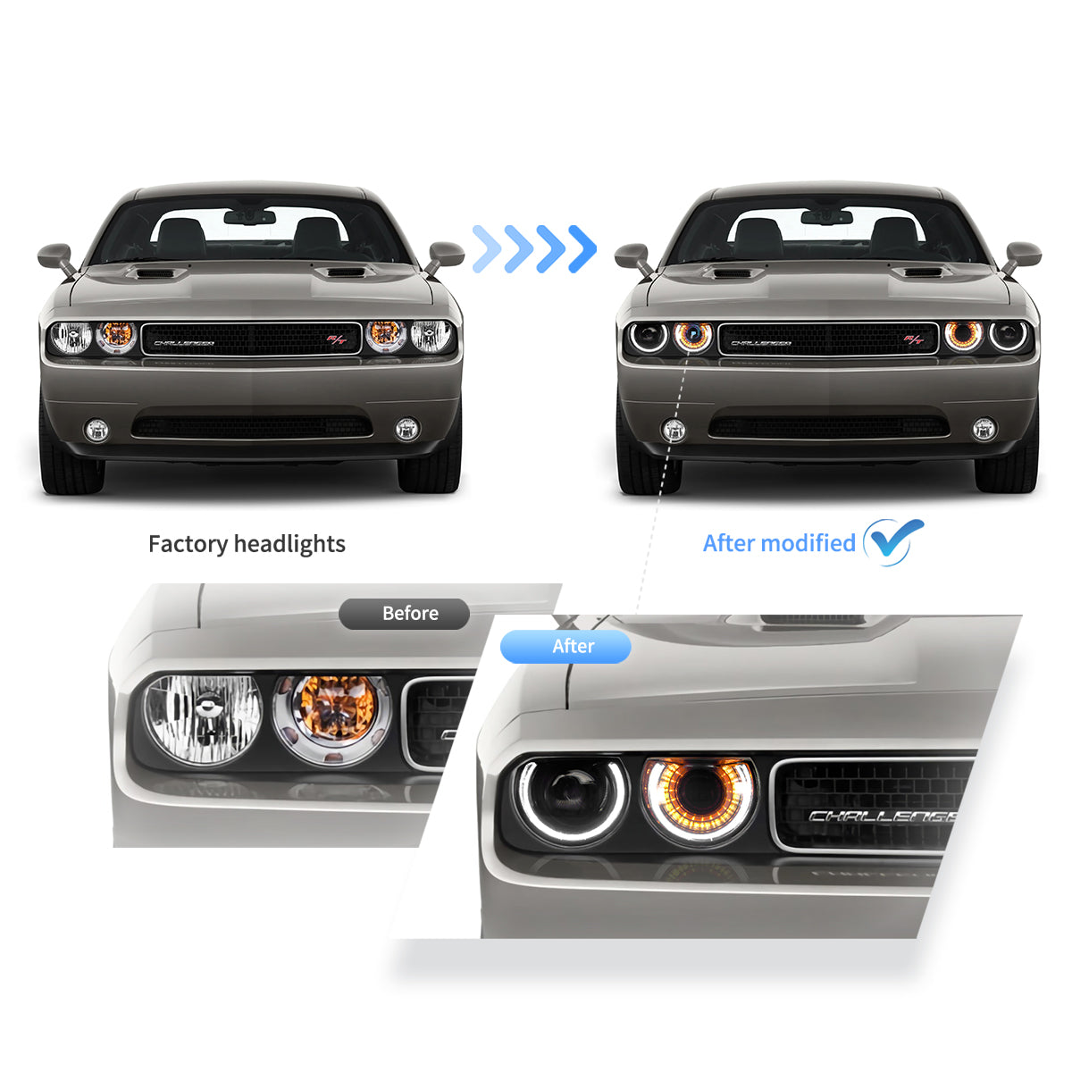 2008-2014 Dodge Challenger OEM Replica Headlights Projector LED Lights - Legends Auto Parts