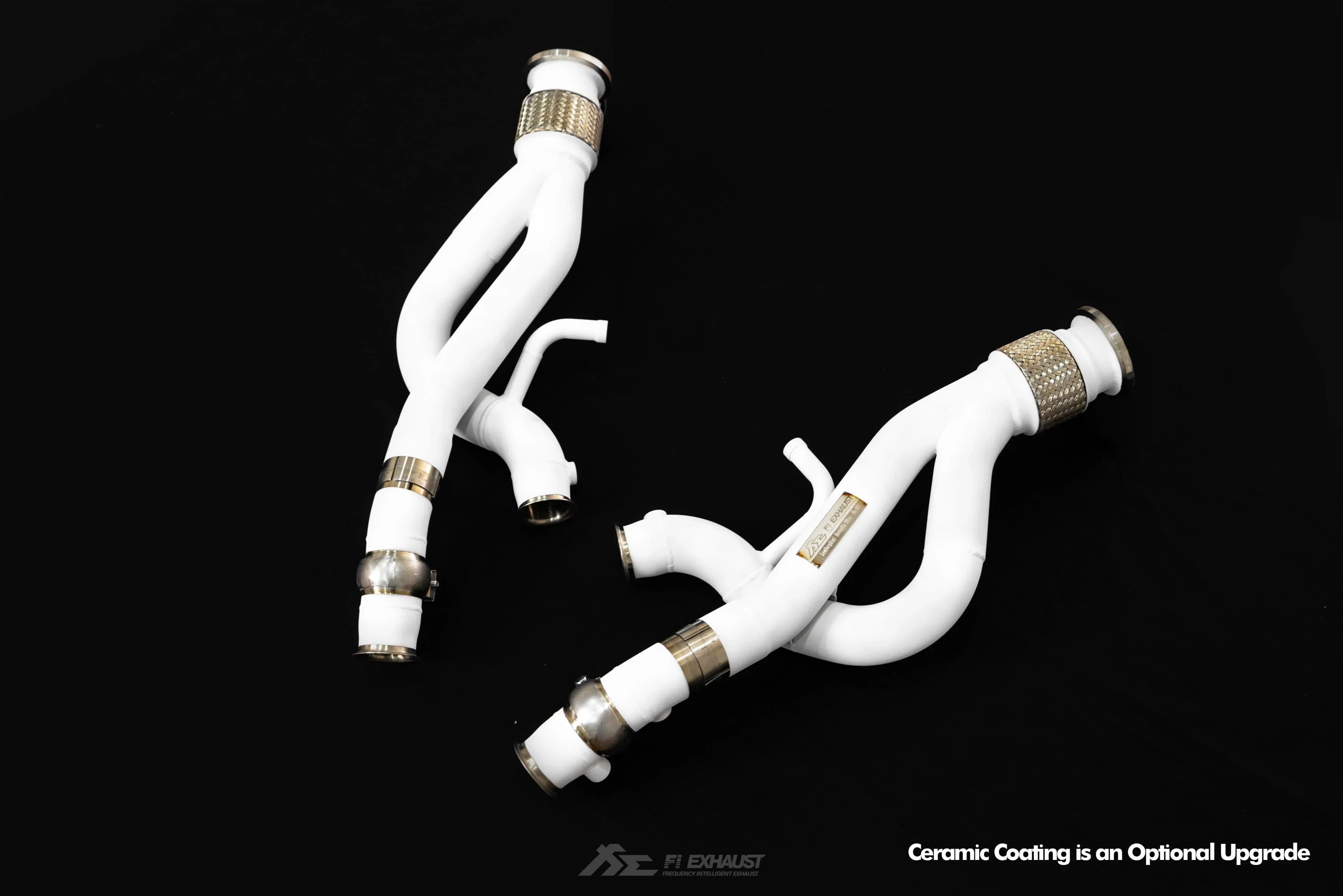 Catless downpipe for Lamborghini Revuelto, featuring advanced heat shielding to significantly reduce heat soak and protect critical engine components from thermal damage.