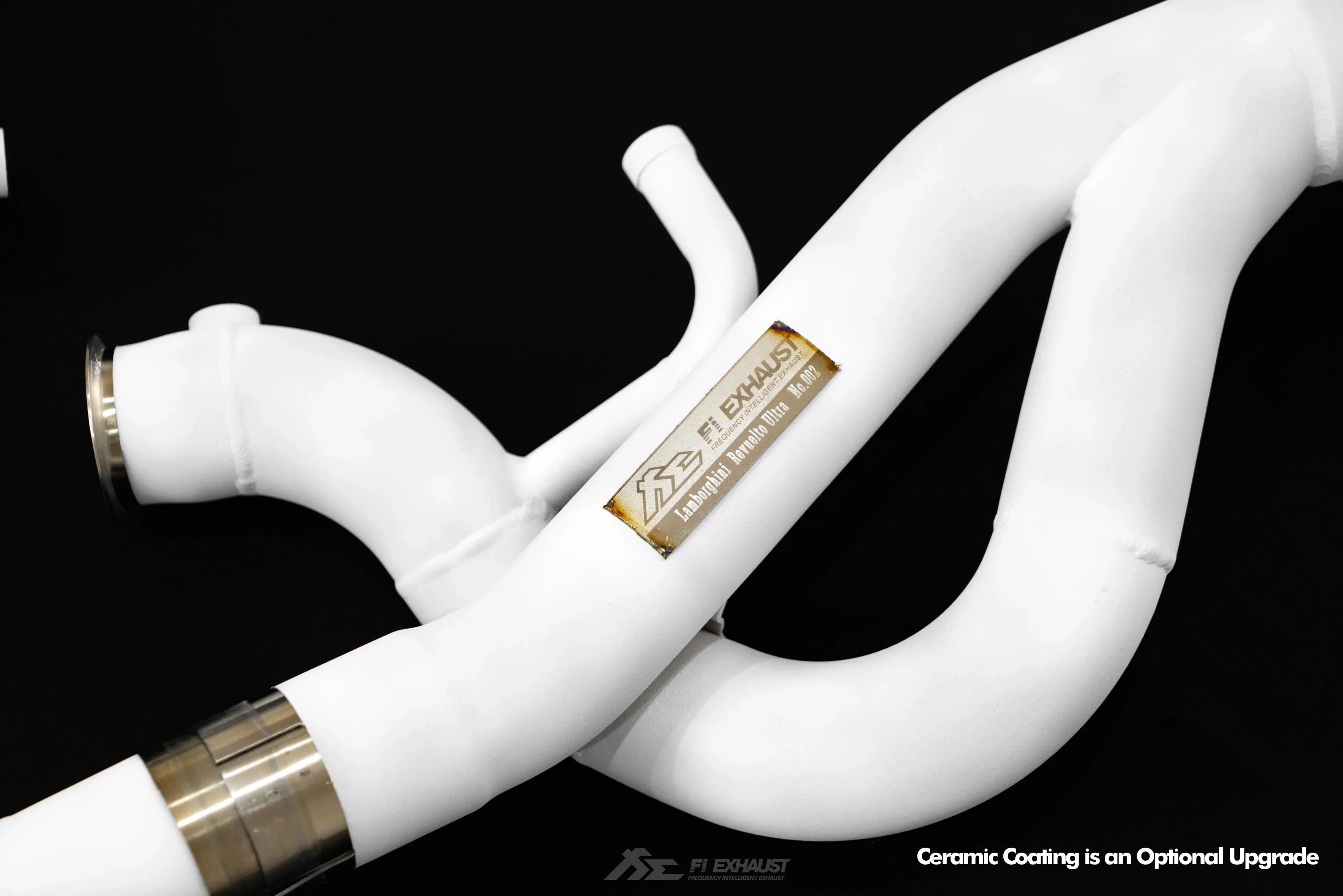 Catless downpipe for Lamborghini Revuelto, featuring advanced heat shielding to significantly reduce heat soak and protect critical engine components from thermal damage.