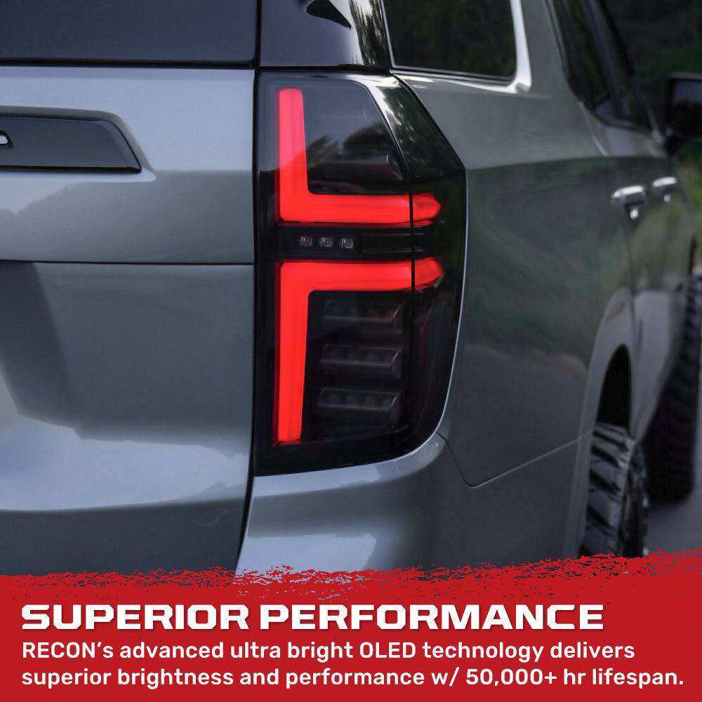 2021-2024 Chevrolet Tahoe/Suburban RECON Smoked OLED Tail Lights with Startup Sequence & Amber Turn Signals - Legends Auto Parts